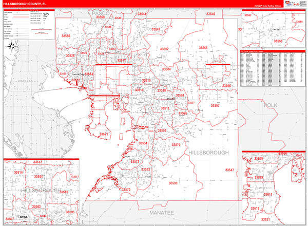 Hillsborough County Wall Map Red Line Style