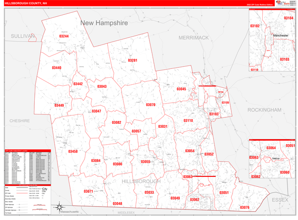 Hillsborough County, NH Zip Code Wall Map Red Line Style by MarketMAPS