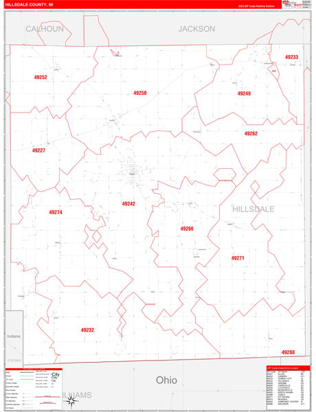 Hillsdale County Digital Map Red Line Style