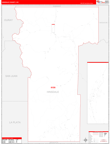 Hinsdale County, CO Wall Map Red Line Style
