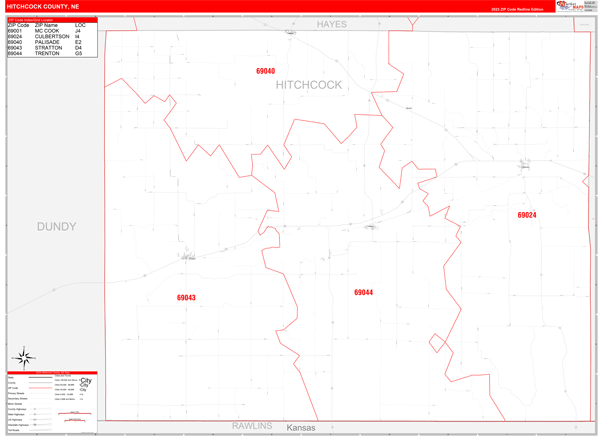 Hitchcock County Wall Map Red Line Style