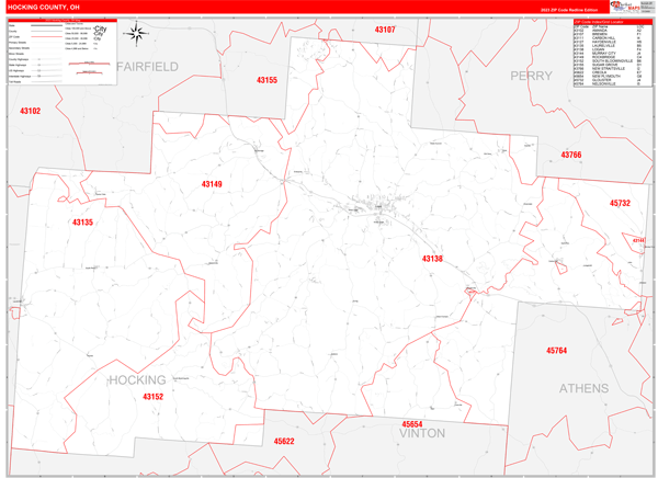 Hocking County Wall Map Red Line Style