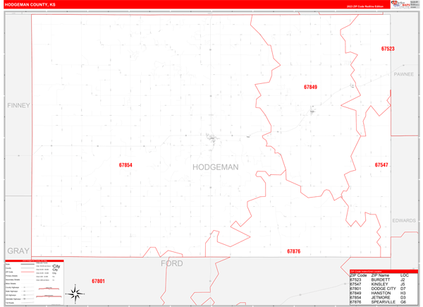 Hodgeman County Digital Map Red Line Style