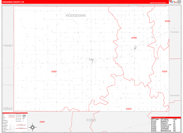 Hodgeman County, KS Zip Code Wall Map