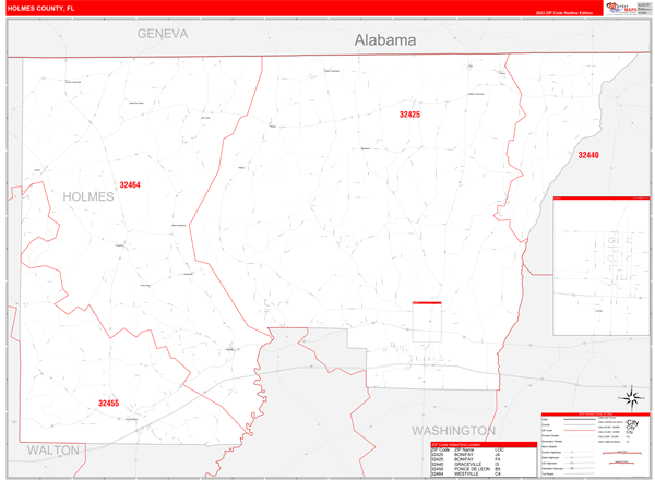 Holmes County Wall Map Red Line Style