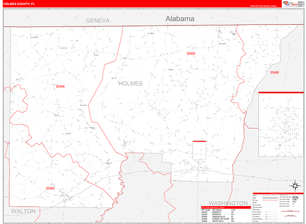 Holmes County Wall Map Red Line Style
