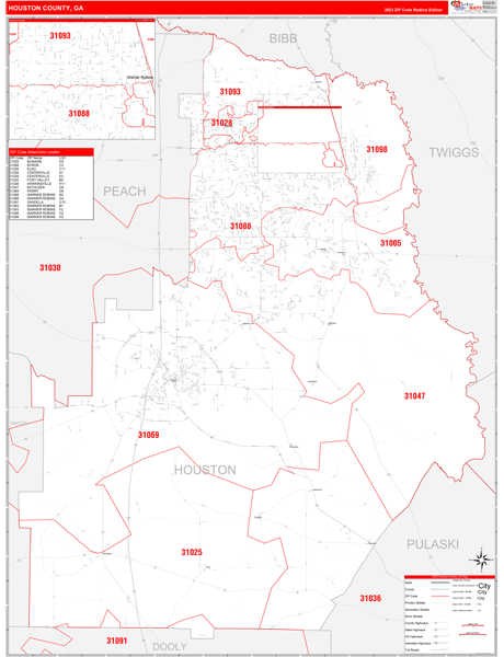 Houston County, GA Zip Code Wall Map
