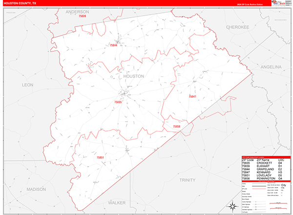 Houston County, TX Zip Code Map
