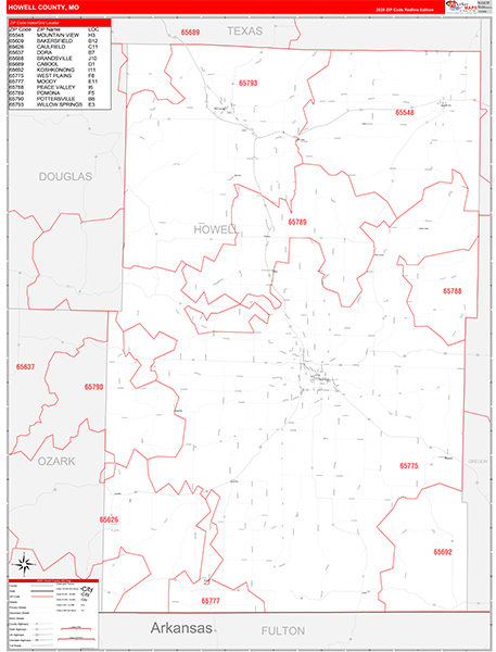 Howell County, MO Map Red Line Style