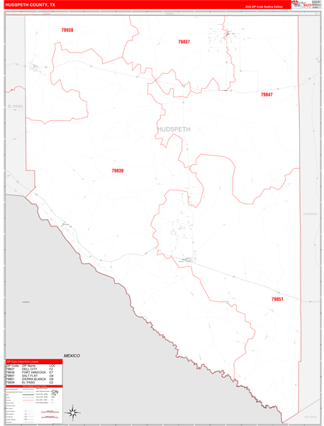 Hudspeth County, TX Zip Code Wall Map Red Line Style by MarketMAPS