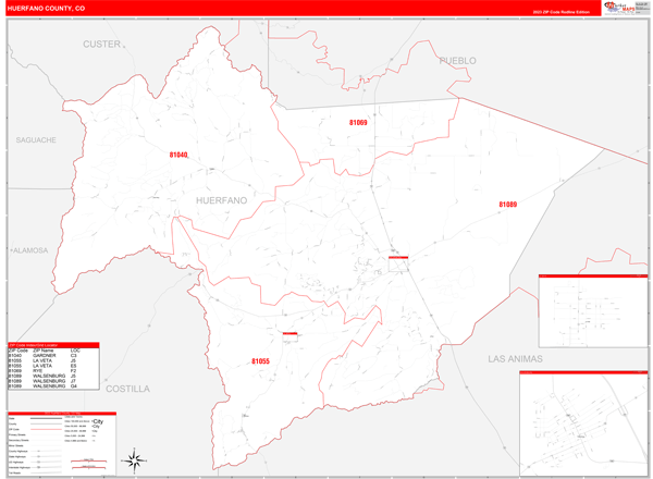 Huerfano County Digital Map Red Line Style