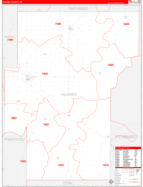 Hughes County, OK Wall Map Red Line Style