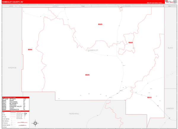 Humboldt County, NV Zip Code Wall Map