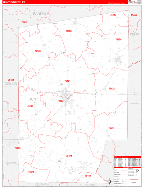 Hunt County Digital Map Red Line Style