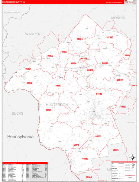 Hunterdon County Digital Map Red Line Style