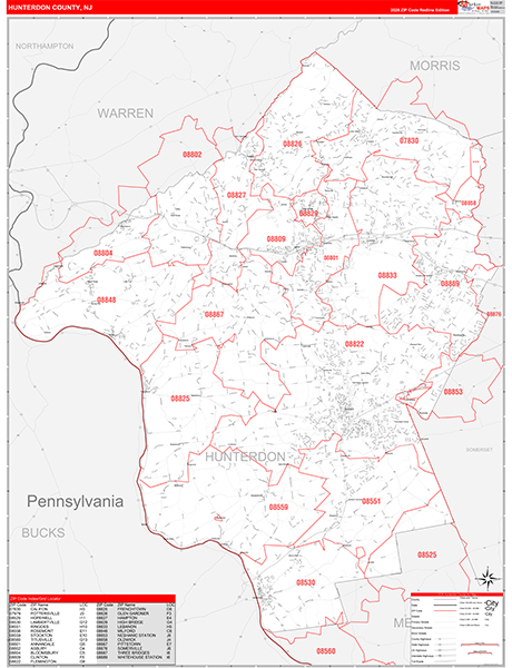 Hunterdon County, NJ Zip Code Map