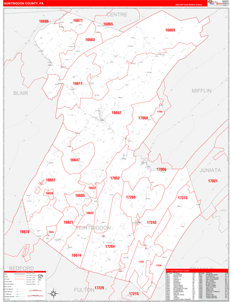 Huntingdon County, PA Zip Code Wall Map Red Line Style by MarketMAPS ...