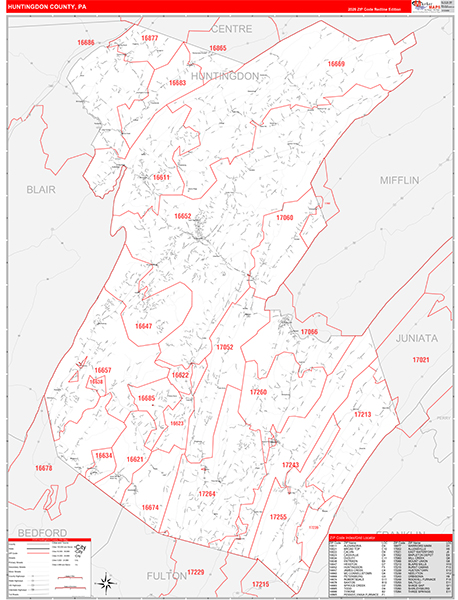 Huntingdon County, PA Wall Map Red Line Style