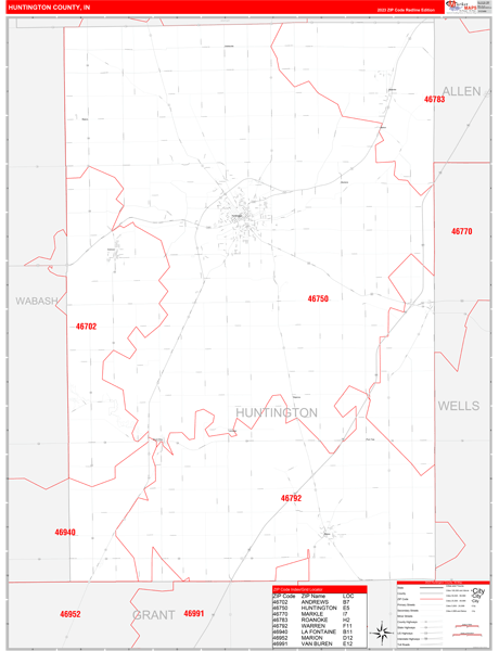 Huntington County, IN Map Red Line Style