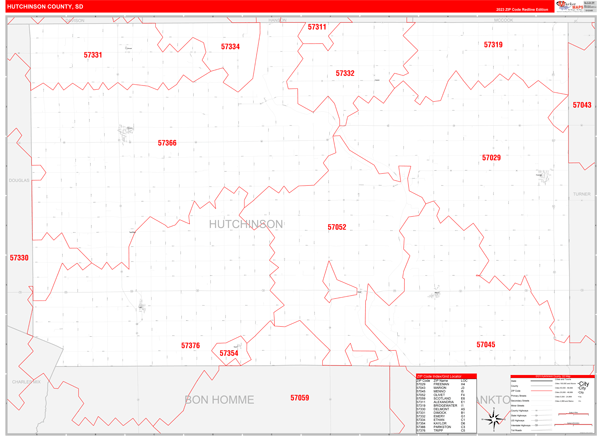 Hutchinson County, SD Wall Map Red Line Style