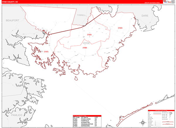 Hyde County, NC Wall Map Red Line Style
