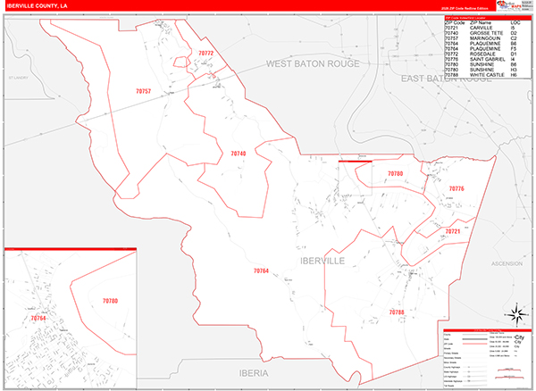 Iberville Parish (County), LA Wall Map Red Line Style