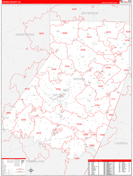 Indiana County, PA Wall Map Red Line Style