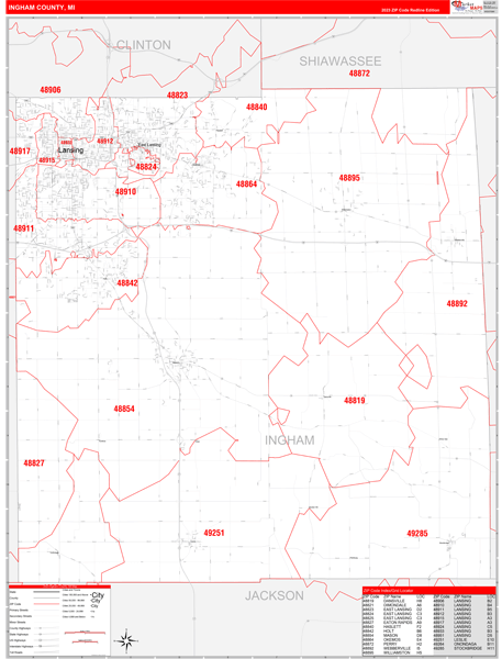 Ingham County, MI Zip Code Wall Map