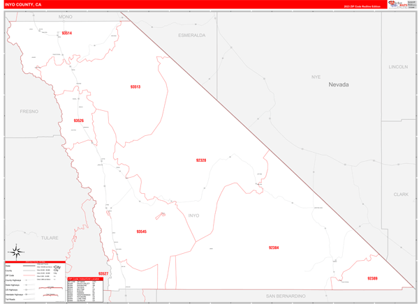 Inyo County, CA Wall Map Red Line Style