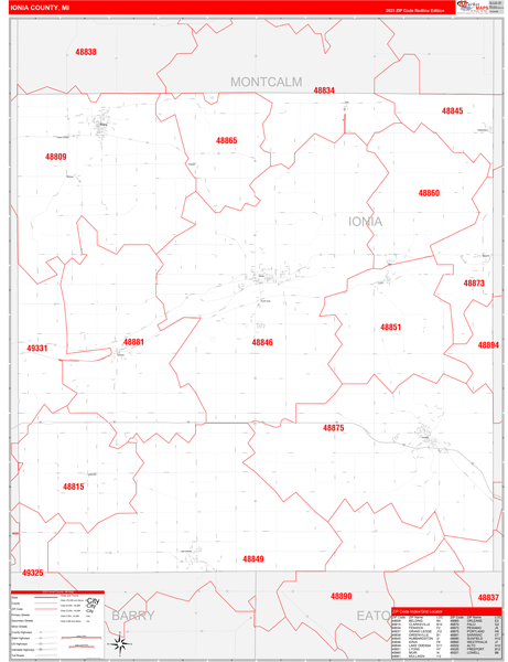 Ionia County Digital Map Red Line Style