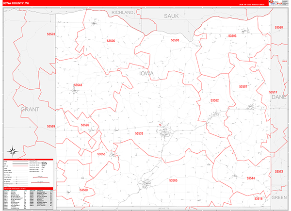Iowa County, WI Zip Code Wall Map
