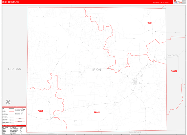 Irion County, TX Wall Map Red Line Style