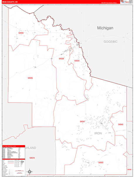 Iron County, WI Zip Code Wall Map