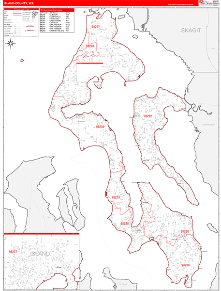 Island County, WA Wall Map Red Line Style