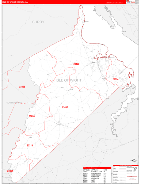 Isle of Wight County, VA Zip Code Wall Map Red Line Style by MarketMAPS ...