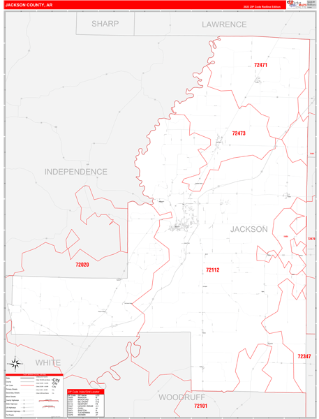 Jackson County, AR Wall Map Red Line Style