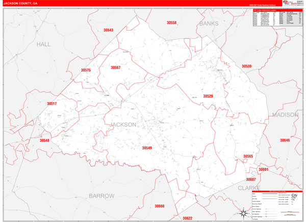 Jackson County GA Zip Code Wall Map Red Line Style by MarketMAPS