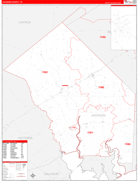 Jackson County, TX Wall Map Red Line Style
