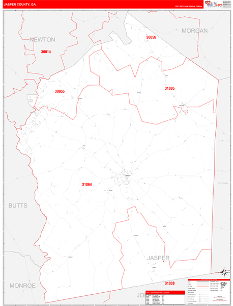 Jasper County, GA Wall Map Red Line Style