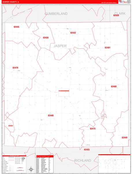 Jasper County, IL Zip Code Wall Map Red Line Style by MarketMAPS - MapSales