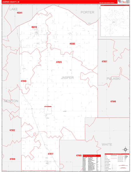 Jasper County, IN Map Red Line Style