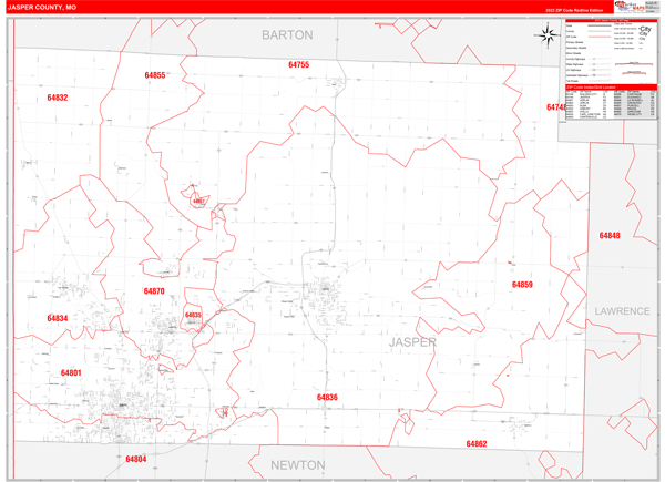 Jasper County, MO Wall Map Red Line Style