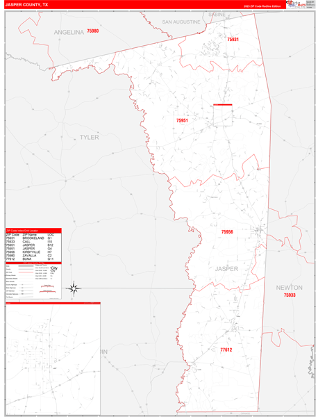 Jasper County, TX Wall Map Red Line Style
