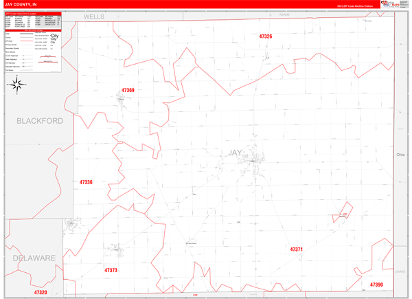 Jay County, IN Map Red Line Style