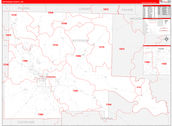 Jefferson County, AR Wall Map Red Line Style