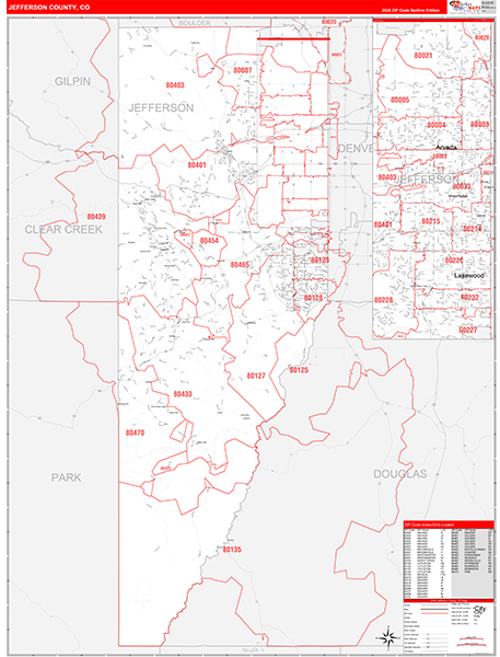 Jefferson County Wall Map Red Line Style