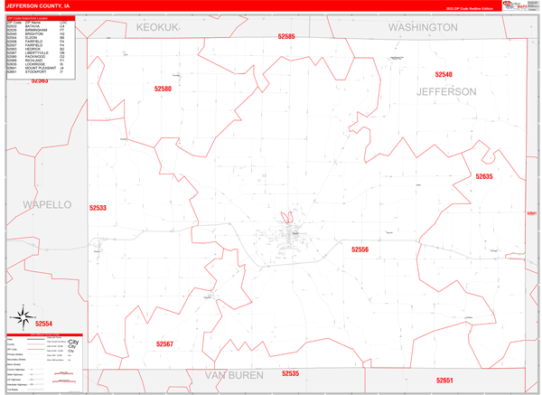 Jefferson County, IA 5 Digit Zip Code Maps - Red Line