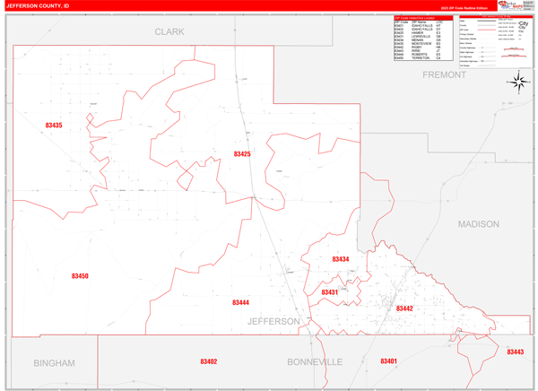Jefferson County, ID Wall Map Red Line Style