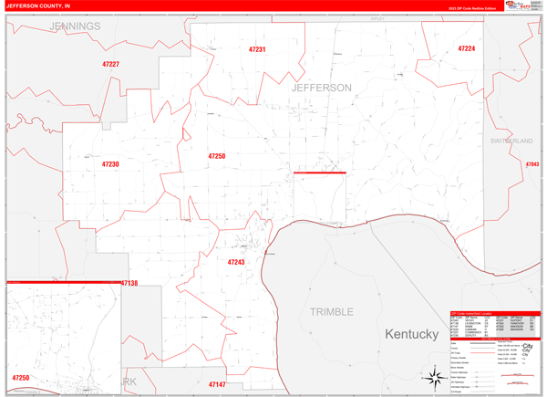 Jefferson County, IN Zip Code Wall Map