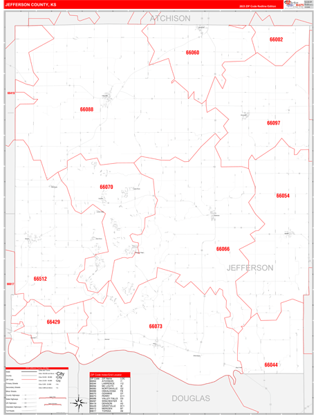 Jefferson County, KS Wall Map Red Line Style